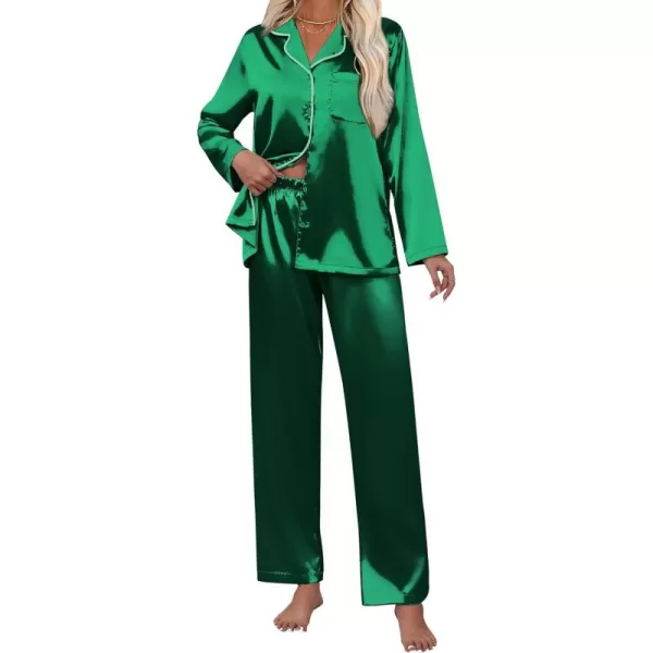 imageEkouaer Pajamas For Women Set Silk Pjs 2 Piece Satin Sleepwear Long Sleeve Button Down Lounge Sets With PantGreen