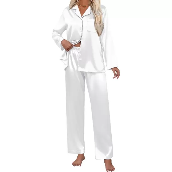 imageEkouaer Pajamas For Women Set Silk Pjs 2 Piece Satin Sleepwear Long Sleeve Button Down Lounge Sets With PantWhite