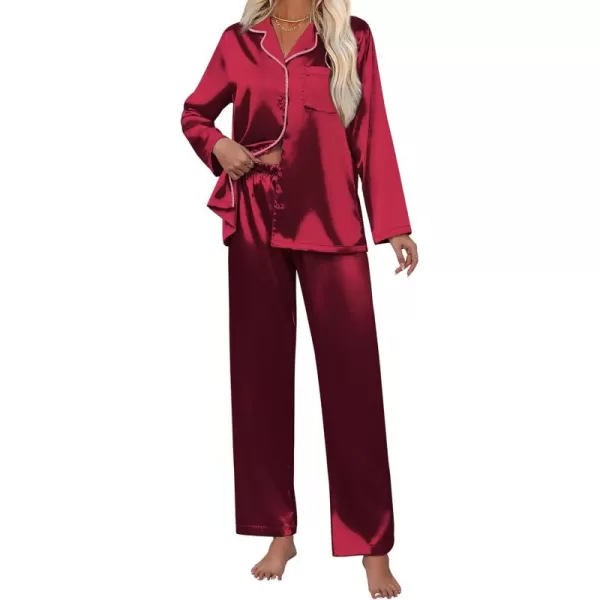 imageEkouaer Pajamas For Women Set Silk Pjs 2 Piece Satin Sleepwear Long Sleeve Button Down Lounge Sets With PantWine Red