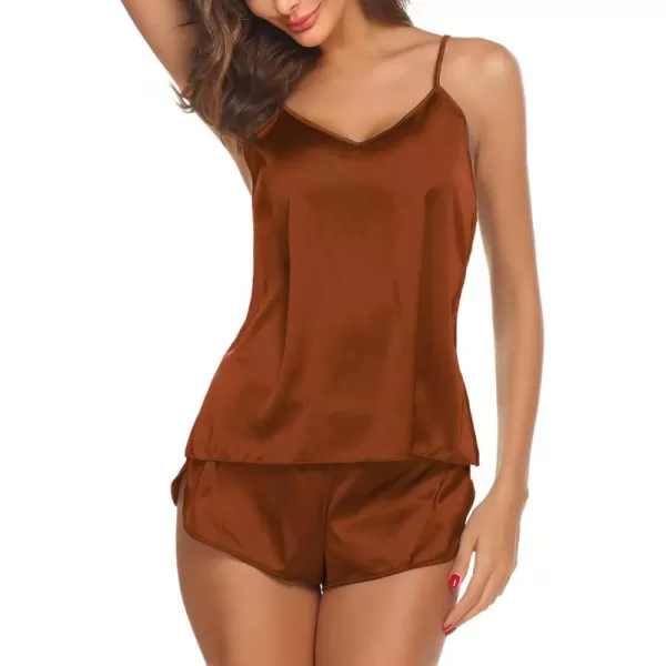 imageEkouaer Silk Pjs for Women Satin Pajamas Set Lingerie Camisole Pajamas Cami Shorts Set NightwearBrown