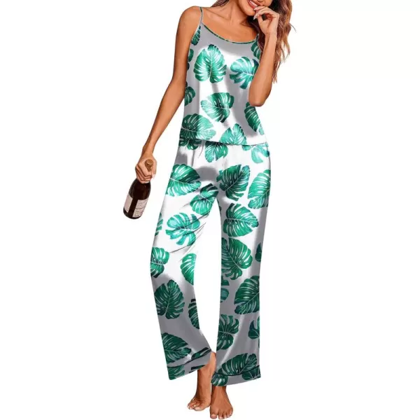 imageEkouaer Women Silk Satin Pajamas Sleeveless Pjs Set 2 Piece Summer Loungewear Sleepwear with Pockets SXXLWhite and Green Leaves