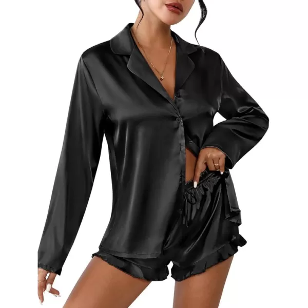 imageEkouaer Womens Satin Pajama Sets Long Sleeve Top and Shorts Lounge Set Button Down SleepwearBlack