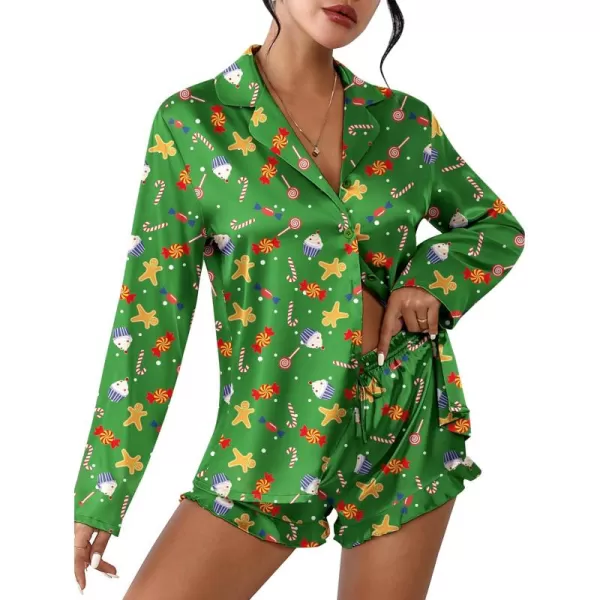 imageEkouaer Womens Satin Pajama Sets Long Sleeve Top and Shorts Lounge Set Button Down SleepwearChristmas Green