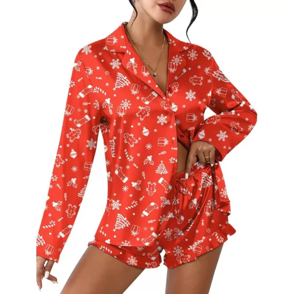 imageEkouaer Womens Satin Pajama Sets Long Sleeve Top and Shorts Lounge Set Button Down SleepwearChristmas Red