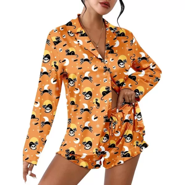 imageEkouaer Womens Satin Pajama Sets Long Sleeve Top and Shorts Lounge Set Button Down SleepwearHalloween