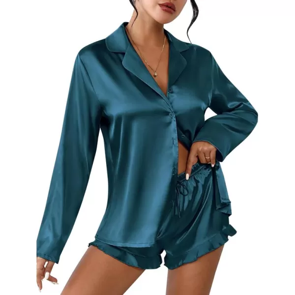 imageEkouaer Womens Satin Pajama Sets Long Sleeve Top and Shorts Lounge Set Button Down SleepwearLake Blue