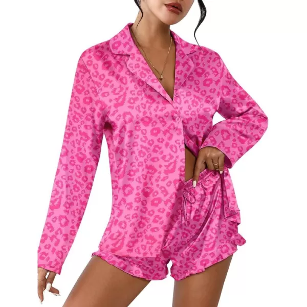 imageEkouaer Womens Satin Pajama Sets Long Sleeve Top and Shorts Lounge Set Button Down SleepwearLeopard Hot Pink