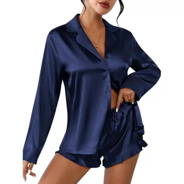 imageEkouaer Womens Satin Pajama Sets Long Sleeve Top and Shorts Lounge Set Button Down SleepwearNavy Blue