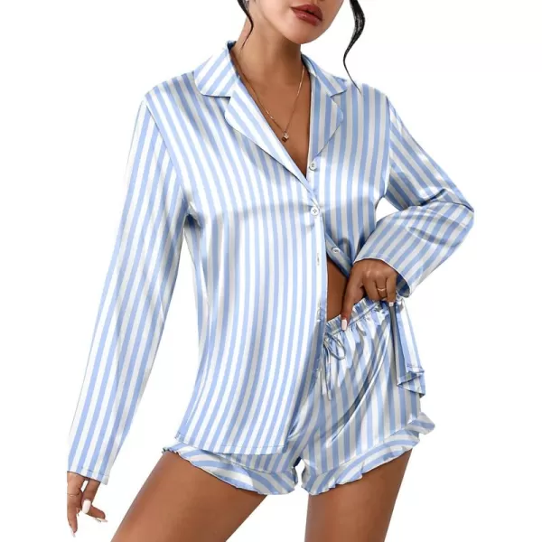 imageEkouaer Womens Satin Pajama Sets Long Sleeve Top and Shorts Lounge Set Button Down SleepwearStriped Blue