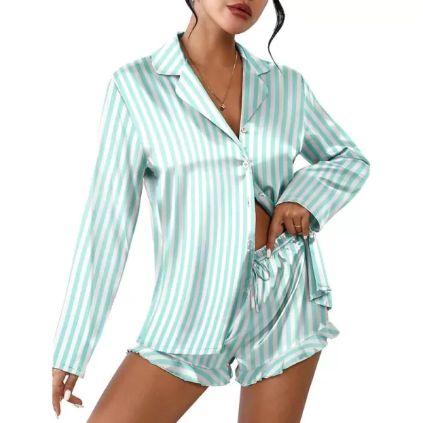 imageEkouaer Womens Satin Pajama Sets Long Sleeve Top and Shorts Lounge Set Button Down SleepwearStriped Green