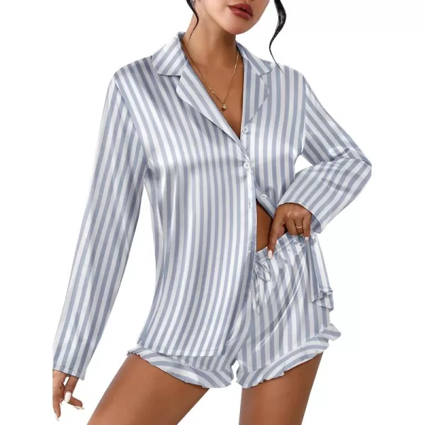 imageEkouaer Womens Satin Pajama Sets Long Sleeve Top and Shorts Lounge Set Button Down SleepwearStriped Grey Blue