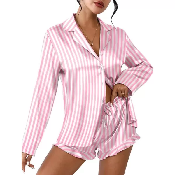 imageEkouaer Womens Satin Pajama Sets Long Sleeve Top and Shorts Lounge Set Button Down SleepwearStriped Pink