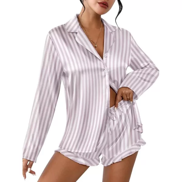 imageEkouaer Womens Satin Pajama Sets Long Sleeve Top and Shorts Lounge Set Button Down SleepwearStriped Purple