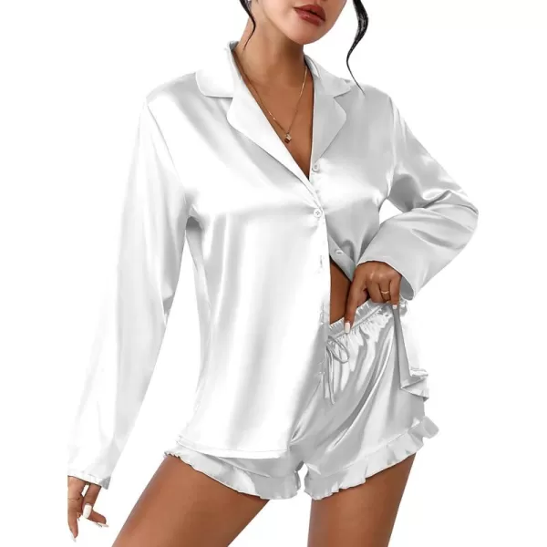 imageEkouaer Womens Satin Pajama Sets Long Sleeve Top and Shorts Lounge Set Button Down SleepwearWhite