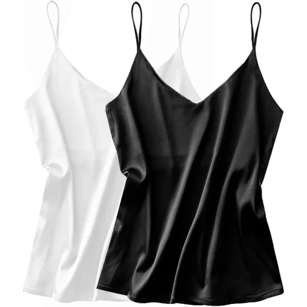 imageEkouaer Womens Satin Tank Tops 2 Pack Silky Camisole V Neck Spaghetti Strap Blouses Sleeveless Cami Shirt2 PackwhiteBlack