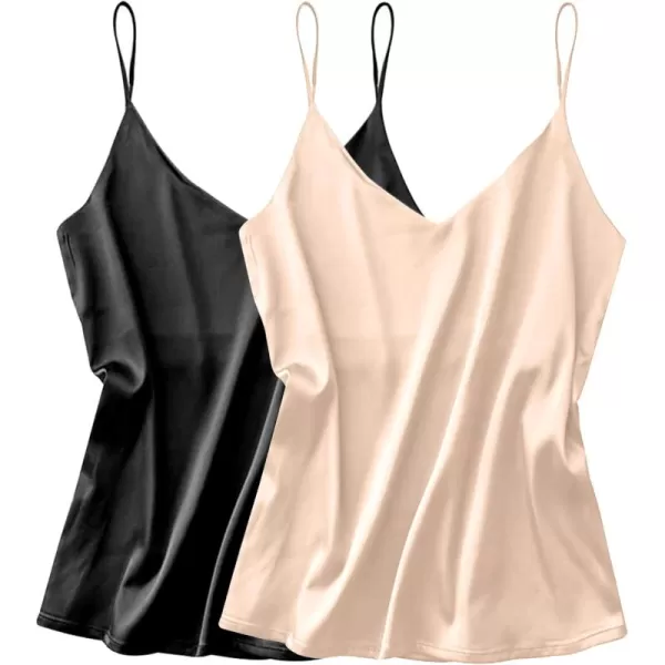 imageEkouaer Womens Satin Tank Tops 2 Pack Silky Camisole V Neck Spaghetti Strap Blouses Sleeveless Cami ShirtBlackChampagne