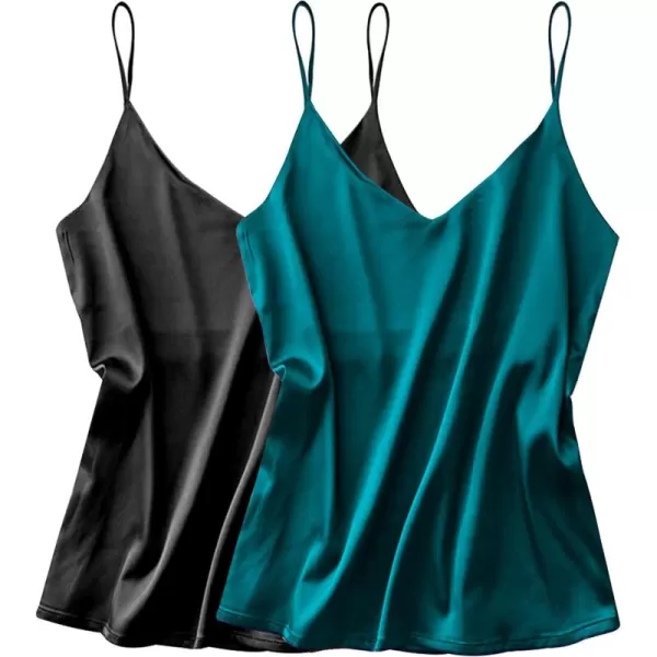 imageEkouaer Womens Satin Tank Tops 2 Pack Silky Camisole V Neck Spaghetti Strap Blouses Sleeveless Cami ShirtBlackDrak Green