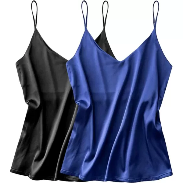 imageEkouaer Womens Satin Tank Tops 2 Pack Silky Camisole V Neck Spaghetti Strap Blouses Sleeveless Cami ShirtBlackNavy Blue