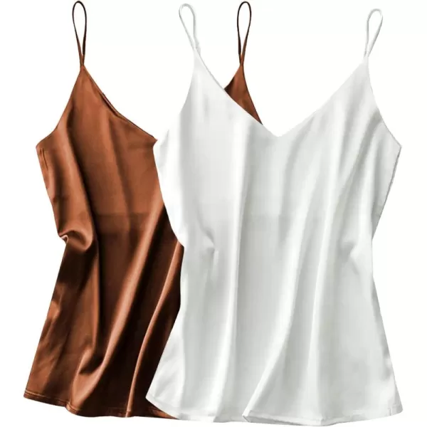 imageEkouaer Womens Satin Tank Tops 2 Pack Silky Camisole V Neck Spaghetti Strap Blouses Sleeveless Cami ShirtCamelWhite