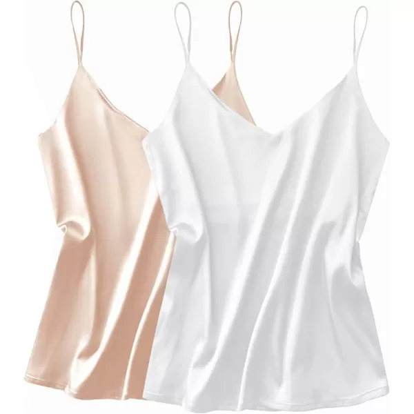 imageEkouaer Womens Satin Tank Tops 2 Pack Silky Camisole V Neck Spaghetti Strap Blouses Sleeveless Cami ShirtChampagneWhite