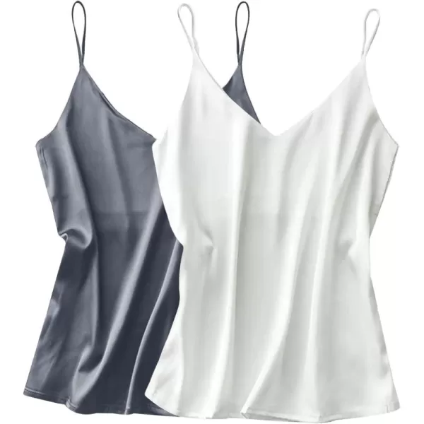 imageEkouaer Womens Satin Tank Tops 2 Pack Silky Camisole V Neck Spaghetti Strap Blouses Sleeveless Cami ShirtGreyWhite