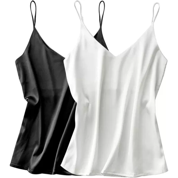 imageEkouaer Womens Satin Tank Tops 2 Pack Silky Camisole V Neck Spaghetti Strap Blouses Sleeveless Cami ShirtWhiteBlack