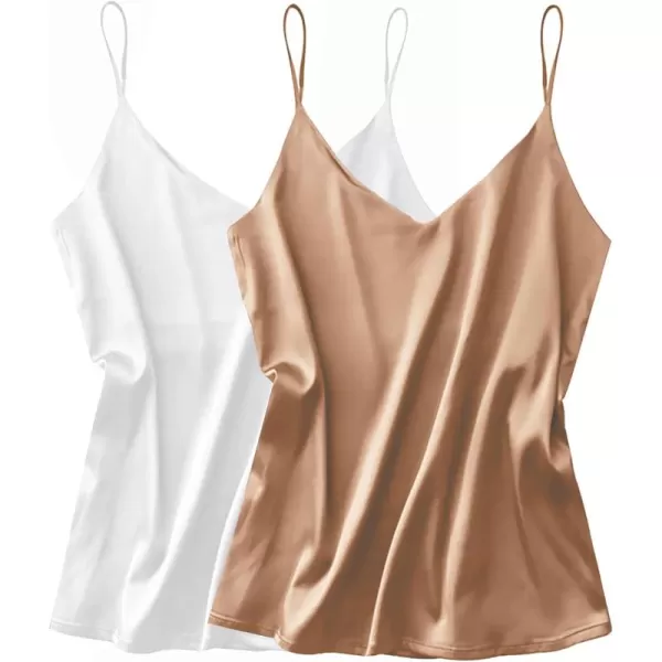 imageEkouaer Womens Satin Tank Tops 2 Pack Silky Camisole V Neck Spaghetti Strap Blouses Sleeveless Cami ShirtWhiteKhaki