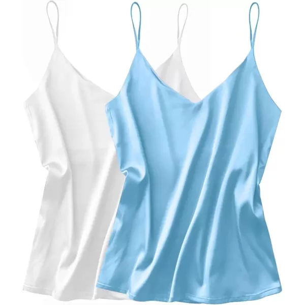 imageEkouaer Womens Satin Tank Tops 2 Pack Silky Camisole V Neck Spaghetti Strap Blouses Sleeveless Cami ShirtWhiteLight Blue