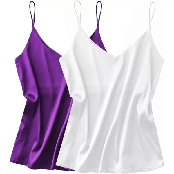 imageEkouaer Womens Satin Tank Tops 2 Pack Silky Camisole V Neck Spaghetti Strap Blouses Sleeveless Cami ShirtWhitePurple