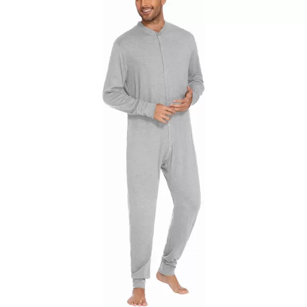 imageEkouaer Mens One Piece Pajama Thermal Full Button Union Suit Long Sleeve Onesie with Button Flap SXXLLight Heather