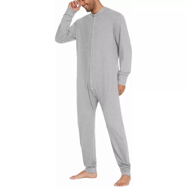 imageEkouaer Mens One Piece Pajama Thermal Full Button Union Suit Long Sleeve Onesie with Button Flap SXXLLight Heather