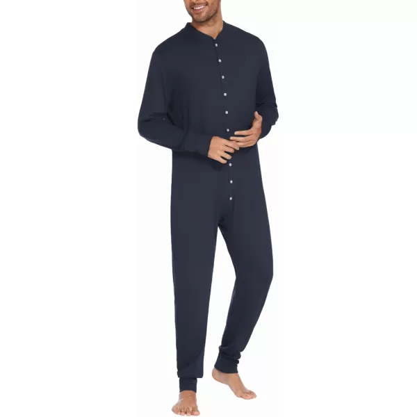 imageEkouaer Mens One Piece Pajama Thermal Full Button Union Suit Long Sleeve Onesie with Button Flap SXXLNavy Blue