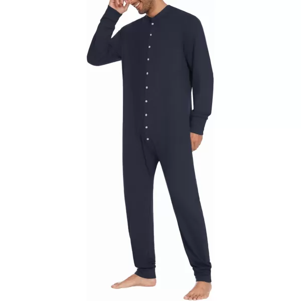 imageEkouaer Mens One Piece Pajama Thermal Full Button Union Suit Long Sleeve Onesie with Button Flap SXXLNavy Blue