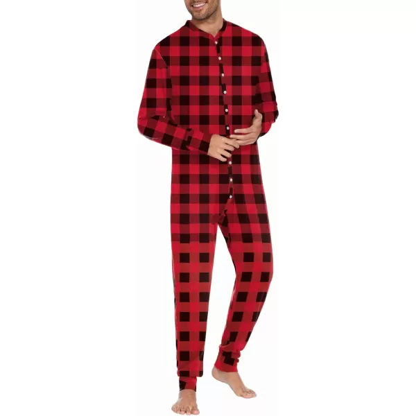 imageEkouaer Mens One Piece Pajama Thermal Full Button Union Suit Long Sleeve Onesie with Button Flap SXXLRedBlack Plaid