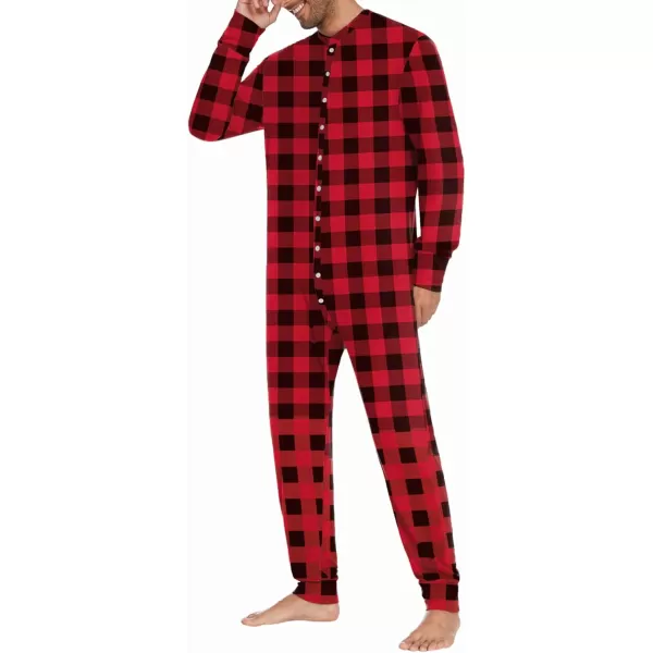 imageEkouaer Mens One Piece Pajama Thermal Full Button Union Suit Long Sleeve Onesie with Button Flap SXXLRedBlack Plaid