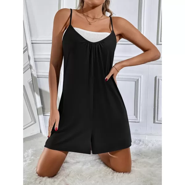 imageEkouaer Rompers Casual Sleeveless Pajamas Onesies Overall Spaghetti Straps Shorts Jumpsuits For WomenBlack