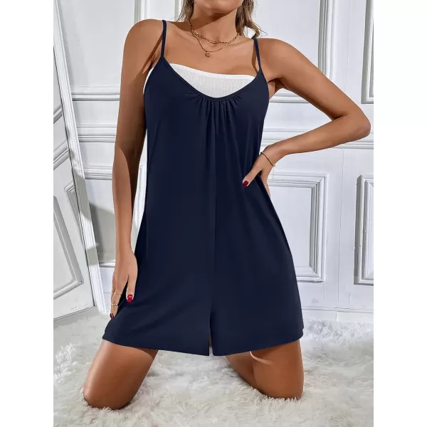 imageEkouaer Rompers Casual Sleeveless Pajamas Onesies Overall Spaghetti Straps Shorts Jumpsuits For WomenNavy Blue