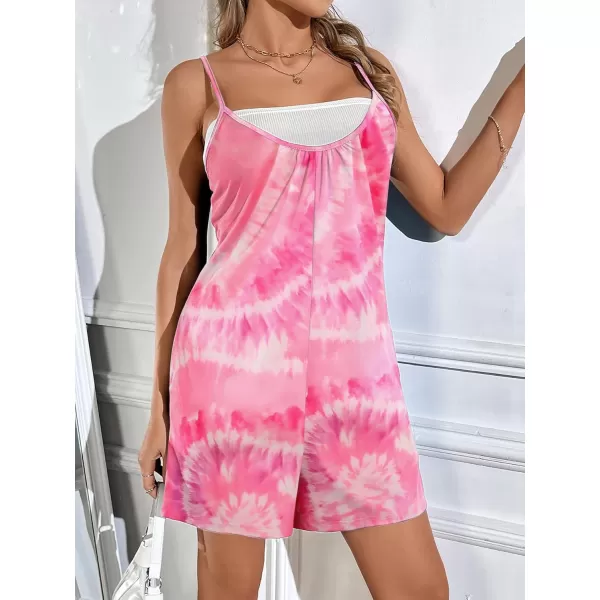 imageEkouaer Rompers Casual Sleeveless Pajamas Onesies Overall Spaghetti Straps Shorts Jumpsuits For WomenPink Wave