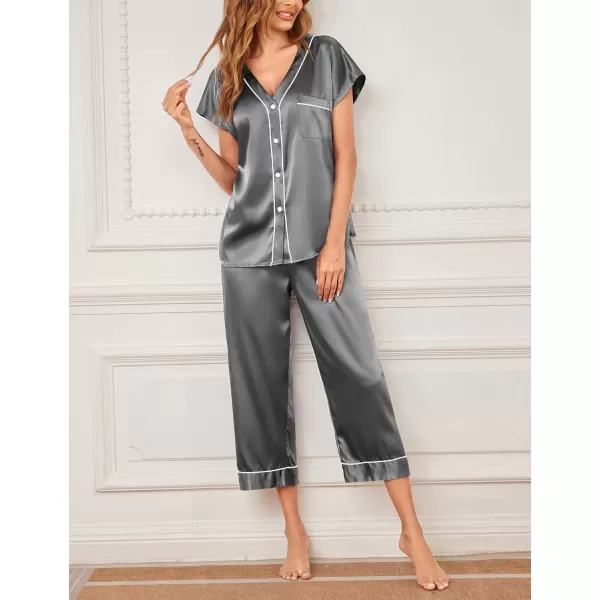 imageEkouaer Satin Pajama Set Womens Short Sleeve V Neck Shirt with Capri Pants Button Down PJs Soft Silky LoungewearDark Gray