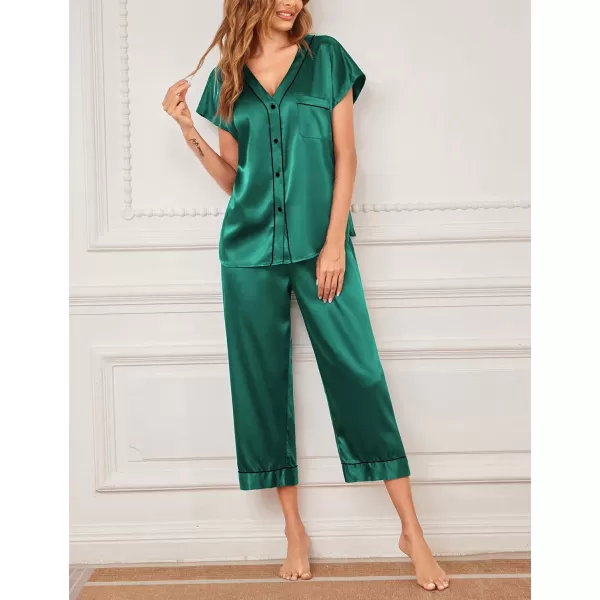 imageEkouaer Satin Pajama Set Womens Short Sleeve V Neck Shirt with Capri Pants Button Down PJs Soft Silky LoungewearDark Green