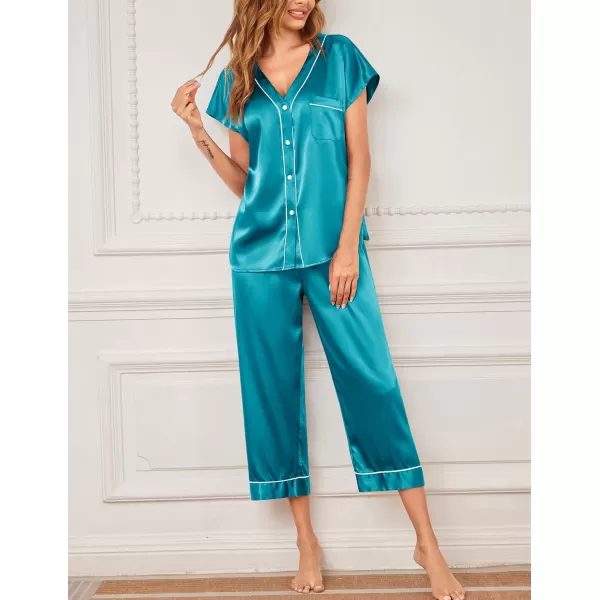 imageEkouaer Satin Pajama Set Womens Short Sleeve V Neck Shirt with Capri Pants Button Down PJs Soft Silky LoungewearDarkcyan