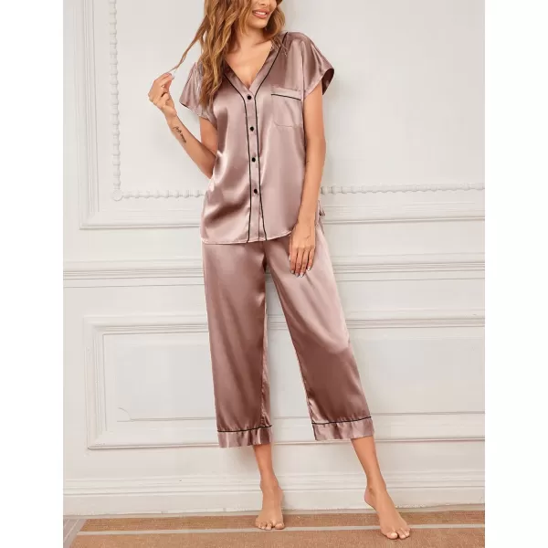 imageEkouaer Satin Pajama Set Womens Short Sleeve V Neck Shirt with Capri Pants Button Down PJs Soft Silky LoungewearDeep Powder