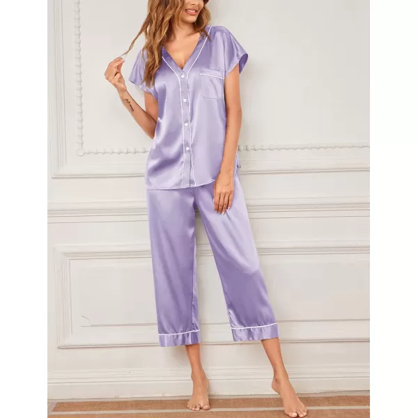 imageEkouaer Satin Pajama Set Womens Short Sleeve V Neck Shirt with Capri Pants Button Down PJs Soft Silky LoungewearLilac Purple