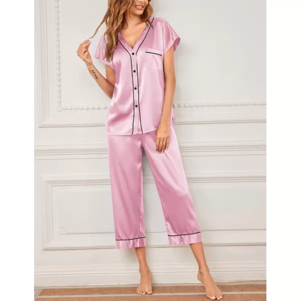 imageEkouaer Satin Pajama Set Womens Short Sleeve V Neck Shirt with Capri Pants Button Down PJs Soft Silky LoungewearPink