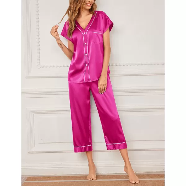 imageEkouaer Satin Pajama Set Womens Short Sleeve V Neck Shirt with Capri Pants Button Down PJs Soft Silky LoungewearRose Red