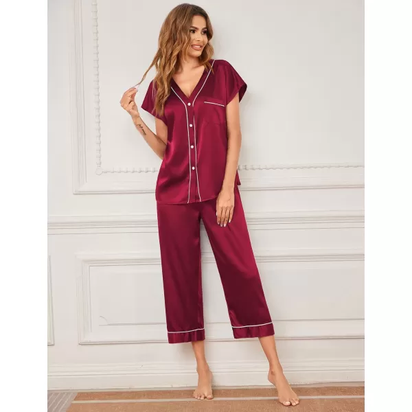 imageEkouaer Satin Pajama Set Womens Short Sleeve V Neck Shirt with Capri Pants Button Down PJs Soft Silky LoungewearWine Red