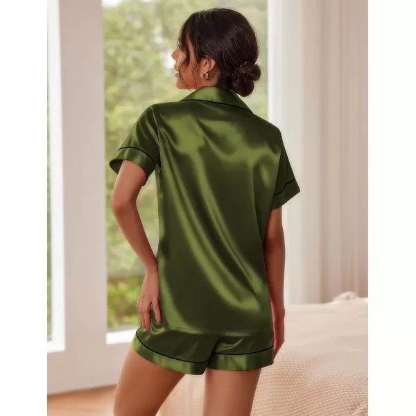 imageEkouaer Satin Pajamas for Women Button Down Sleepwear Soft Silk Loungewear Short Sleeve Top and Shorts Pjs SXXLArmy Green