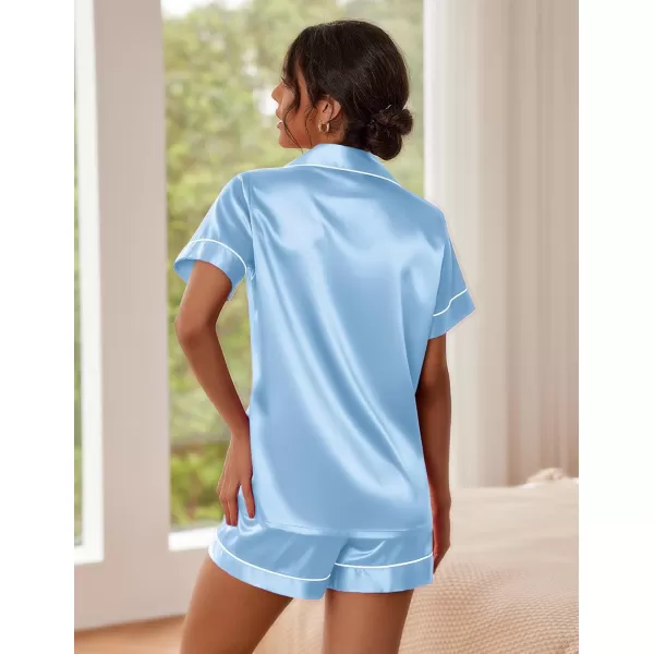 imageEkouaer Satin Pajamas for Women Button Down Sleepwear Soft Silk Loungewear Short Sleeve Top and Shorts Pjs SXXLBaby Bule