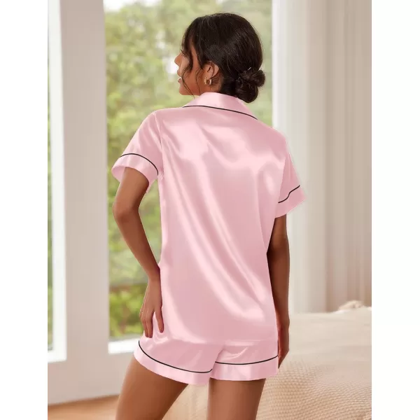 imageEkouaer Satin Pajamas for Women Button Down Sleepwear Soft Silk Loungewear Short Sleeve Top and Shorts Pjs SXXLDeep Pink