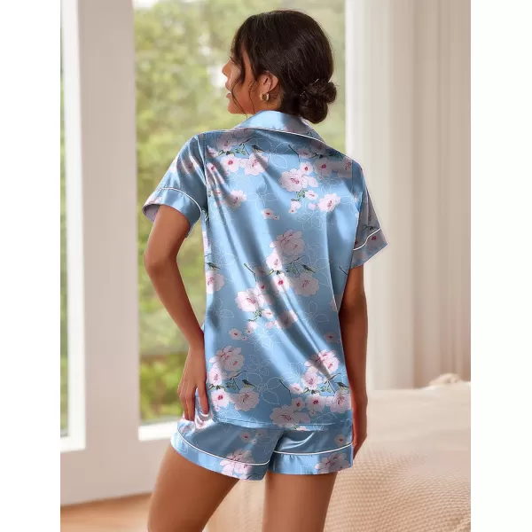 imageEkouaer Satin Pajamas for Women Button Down Sleepwear Soft Silk Loungewear Short Sleeve Top and Shorts Pjs SXXLFloral16 Light Blue
